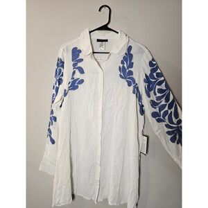 Ulla Popken White Blue Beaded Leaf Embroidered Button Down Tunic Shirt 12/14 NEW